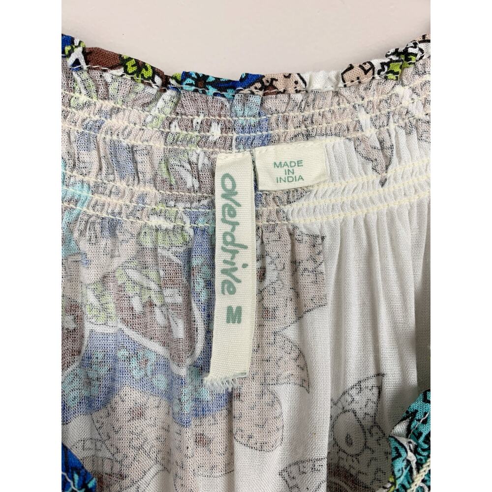 Overdrive Floral Boho Dress Smocked White Blue Short Sleeve Women's M - Picture 4 of 8